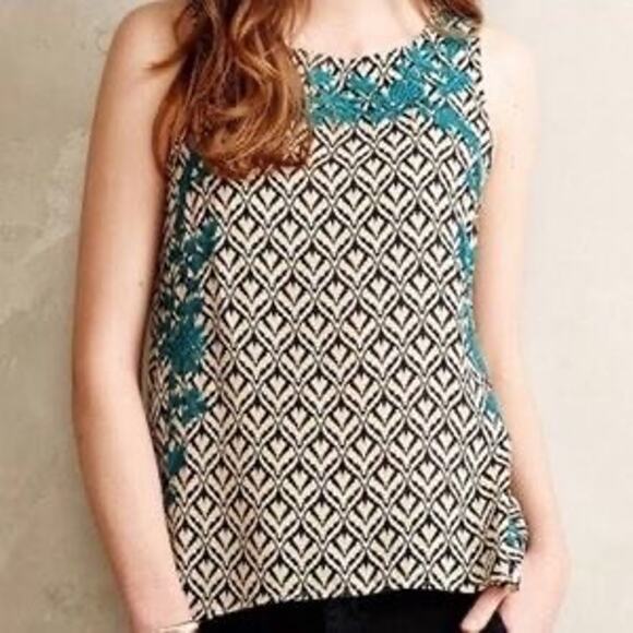 THML Anthropologie Black, Cream and Teal embroidered Tank Top Size Medium - Picture 1 of 8